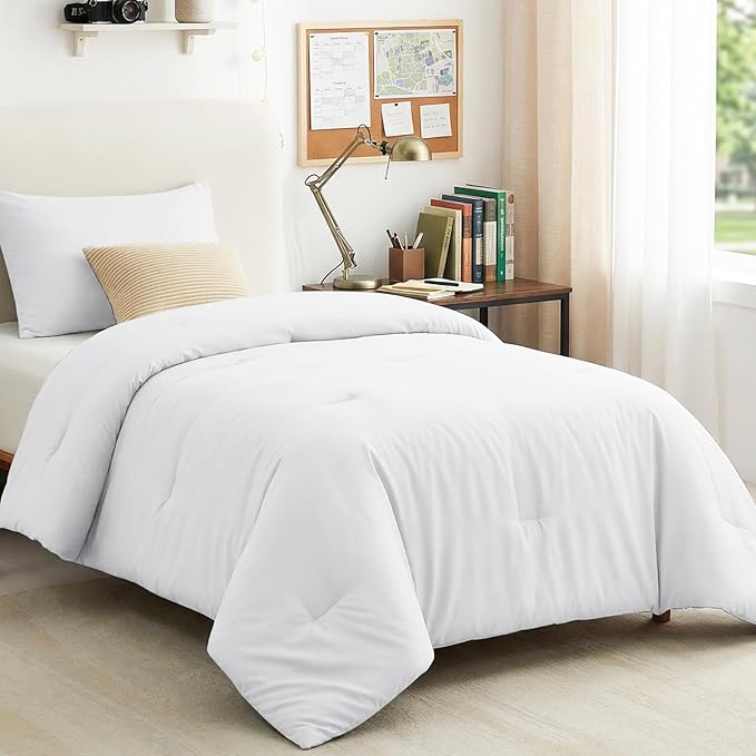 CozyLux Twin Comforter Set College Dorm Essentials, 2 Pieces White Twin Extra Long Solid Bedding Sets, Twin XL Bed Set with Down Alternative Comforter and 1 Pillowcase, Back to School Room Gift