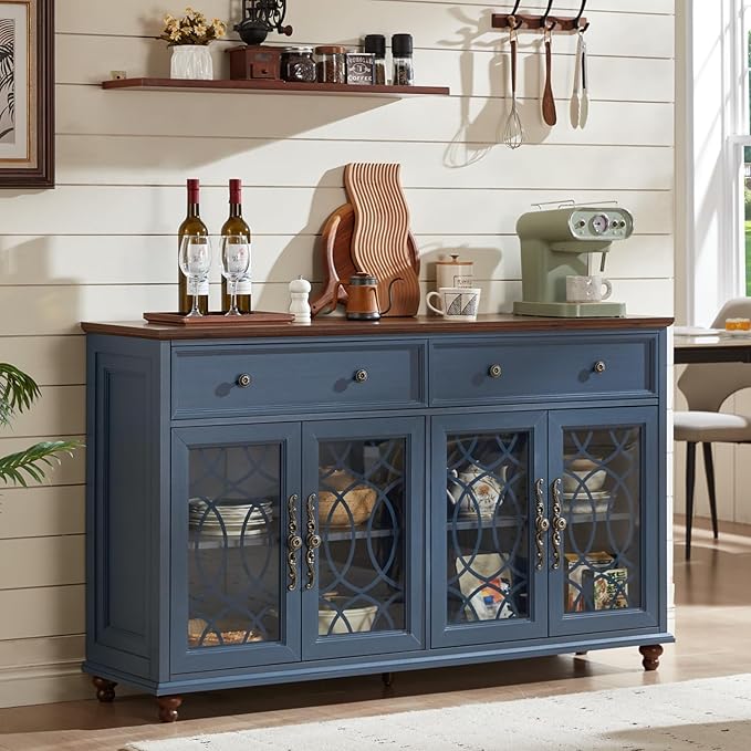 Large Sideboard Buffet Cabinet with Storage,59" Credenza with 4 Glass Doors & 2 Drawers,Adjustable Shelves Coffee Bar,Wood Kitchen Console Table for Dining Room,Living Room,Blue