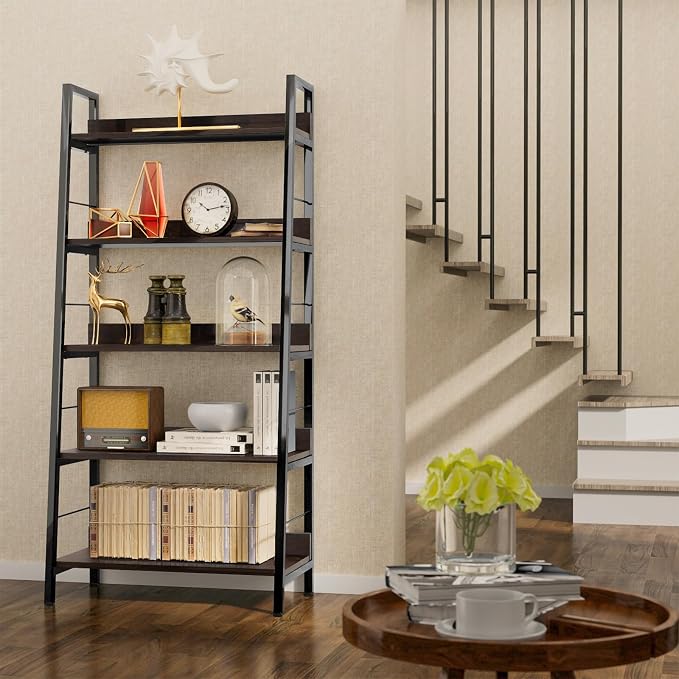 Himimi Industrial Ladder Shelf, Rustic 5 Tier Leaning Bookshelf, Wood Metal Ladder Bookcase, Plant Flower Stand Rack Book Storage Shelves for Living Room, Bedroom, Home Office