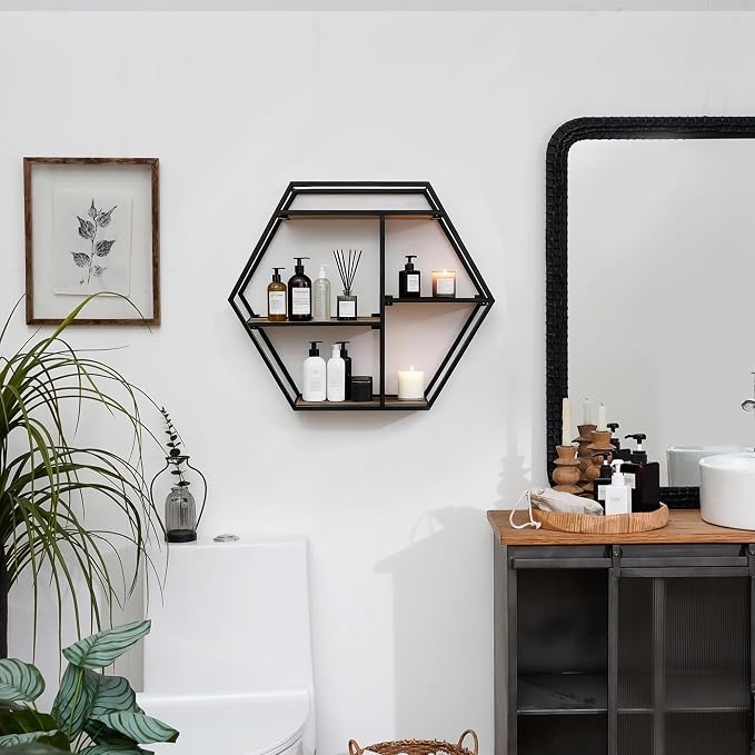 Industrial Style Hexagon-Shaped Wall Shelves, 3 Tier Decorative Floating Ledge Shelves, Wall Mounted Metal Bracket Wooden Display Hanging Shelf