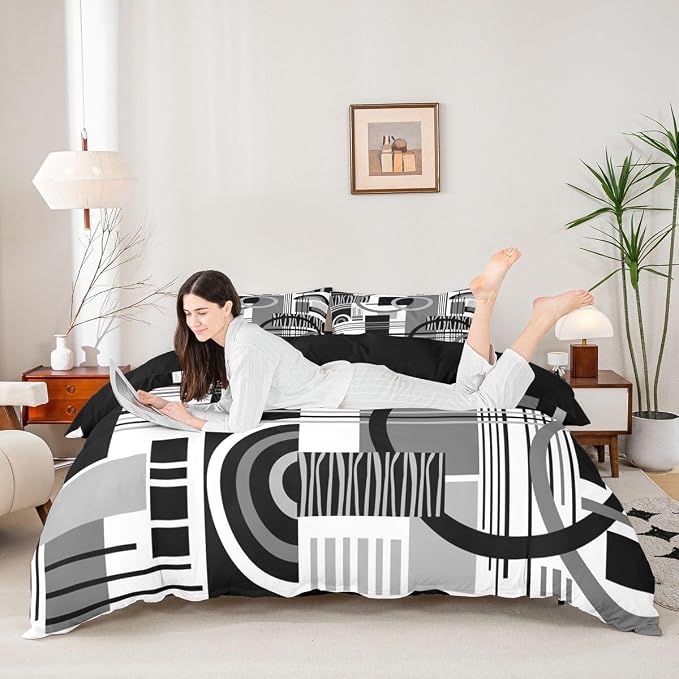 Erosebridal Art Deco Mid Century Duvet Cover Set Retro Modern Abstract Geometric Queen Bedding Set for Tween Boys Girls Black and White Grey Circles Stripes Comforter Cover Contemporary Bed Sets