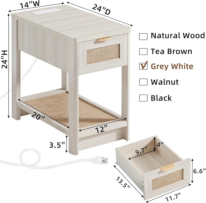 Lerliuo Narrow Night Stand with Charging Station, Boho Nightstand with Drawer, Bed Side End Table with Rattan Shelf for Small Spaces, Wood Nightstands Bedside Tables for Living Room Bedroom