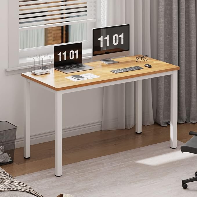 Need Computer Desk, 47 inch Home Office Desk, Modern Simple Style Home Office Gaming Desk, Basic Writing Table for Study Student, White Metal Frame, Teak Tabletop