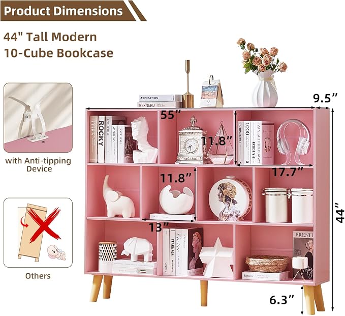 LEYAOYAO 10 Cube Bookshelf, 3 Tier Vintage 55" Wide Bookcase with Legs, Mid-Century Wood Bookshelves Storage, Light Pink Large Book Case, Freestanding Organizer Display Shelf for Living Room, Office