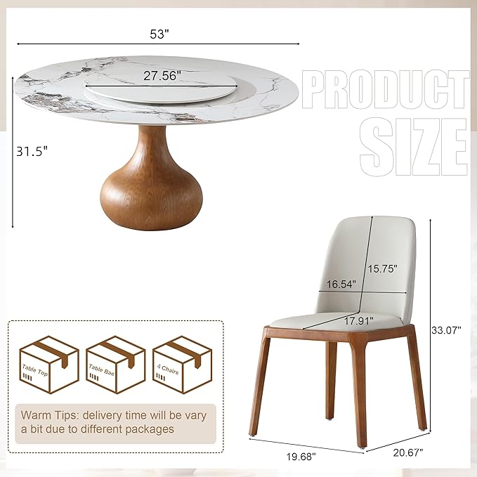 Montary 5 Piece Modern Dining Table Set of 4, Round 53" D Faux Marble Dining Table with Lazy Susan, Sintered Stone Top and Wood Base Dining Room Table with 4 Dining Chairs