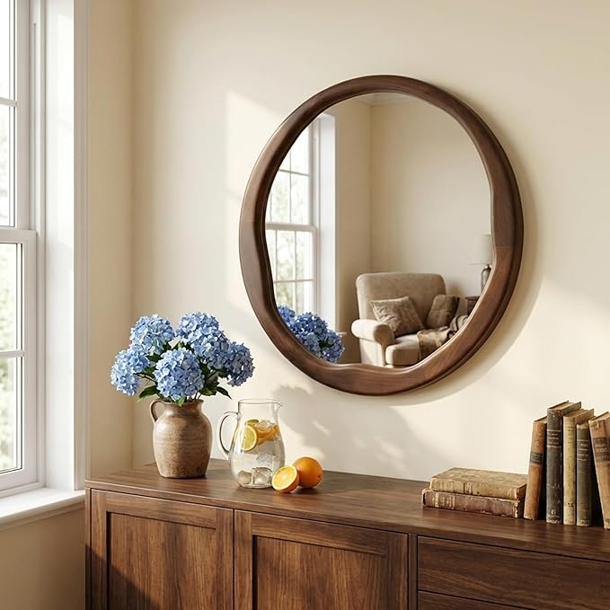 Round Dark Wood Mirror 24 Inch, Irregular Wavy Inner Frame Wall Mirror for Powder Room, Guest Bath, Solid Wood Asymmetrical Modern Decor