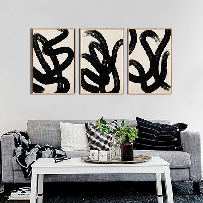 arteWOODS Framed Wall Art Canvas Abstract Lines Pictures Modern Mid Century Boho Wall Decor Minimalist Abstract Black Stroke Lines Painting Artwork Living Room Bedroom Home Office Natural 16"x24"x3pc