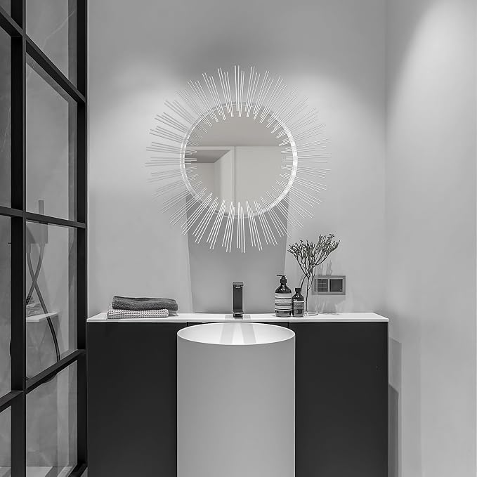 Edvivi Round 31" Silver Sunburst Hanging Wall Mirror with Metal Frame, Decorative Mirror for the Living Room, Bedroom, Bathroom, Hallway, and Entryway