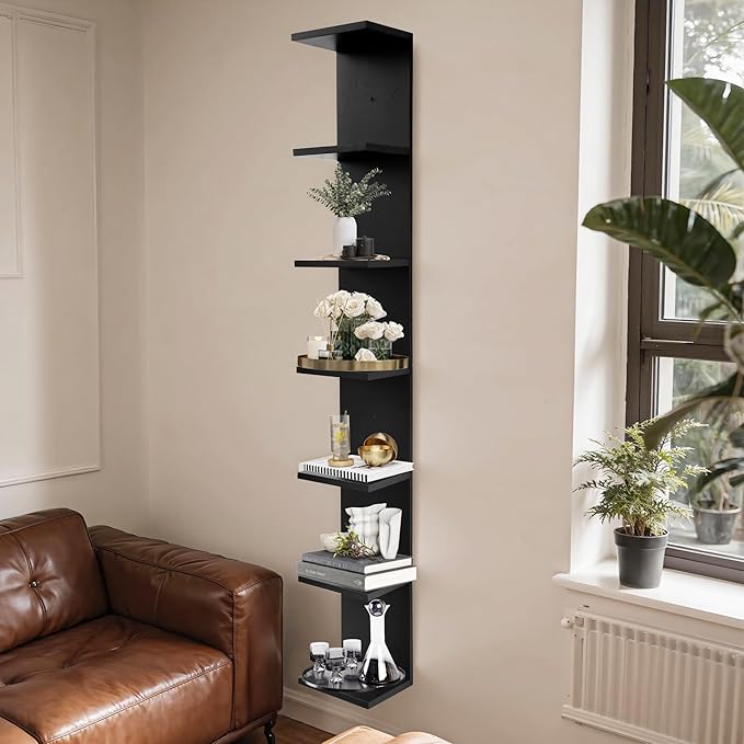 7 Tier Wall Shelf Unit,Vertical Column Floating Storage Home Decor Organizer,Black Lack Wall Shelf for Bedroom,Living Room,Office Decor(1 Pack)
