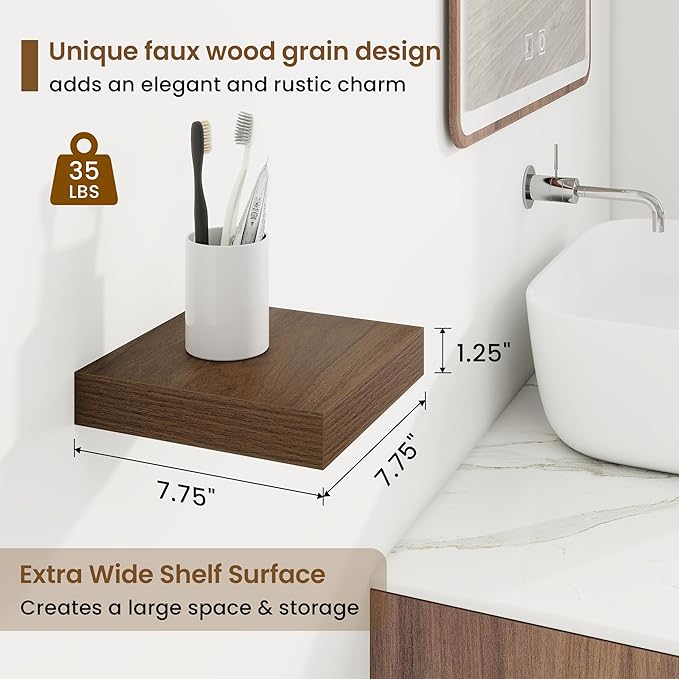 Marsmiles Square Floating Shelves for Wall, 8" W x 8" D x 1.25" H, 3 Pack Small Wall Mounted Engineered Wood Shelves with Invisible Brackets for Living Room, Bedroom, Bathroom, Kitchen Decor, Walnut