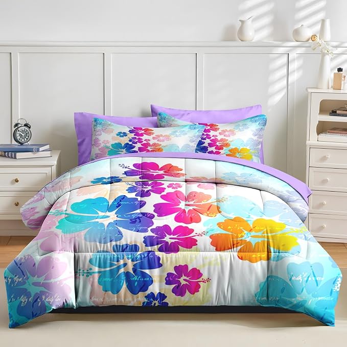 Nesker Comforter Set King Size, Hawaiian Flower Floral 7 Pcs Bedding for Kids and Adults, Hibiscus Hawaii Blue Bed Sheet Sets with Fitted Sheet 2 Pillowcases & 2 Shams