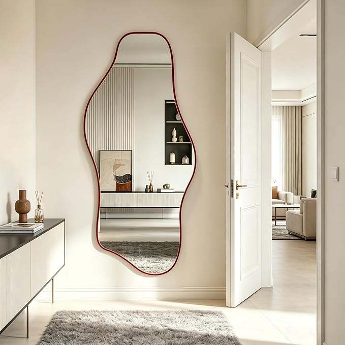 Large Irregular Wall Mirror, 63"x30" Red Asymmetrical Tempered Glass Mirror, Frameless Organic Shaped Mirrors for Entryway Hallway Bedroom Living Room, Horizontal or Vertical Hanging