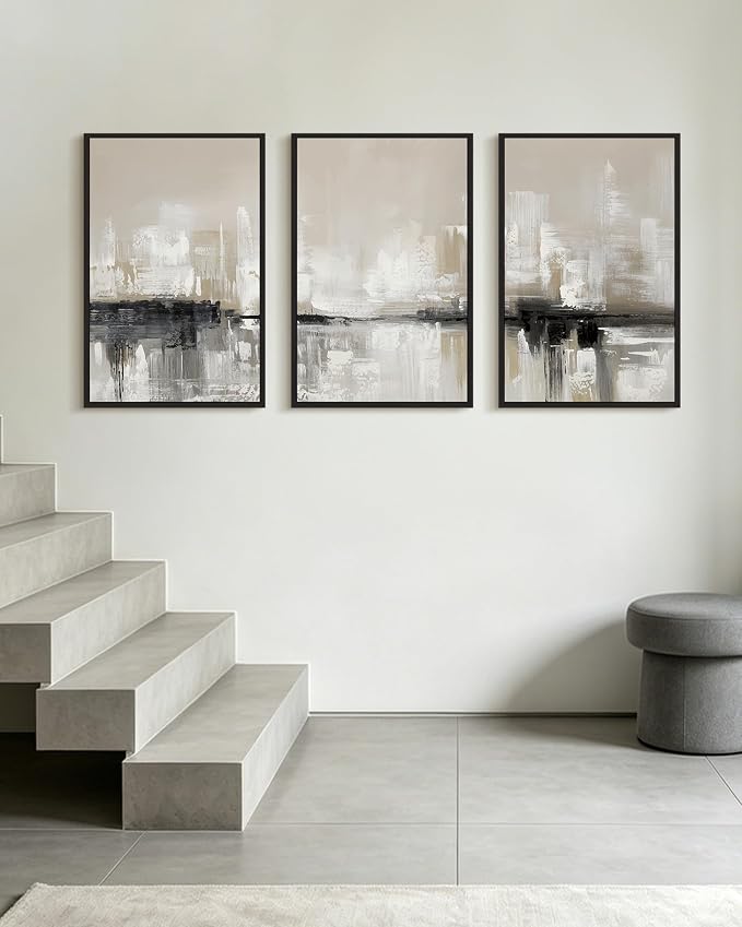 KUVIOKE Abstract Gray Framed Wall Art Neutral Brown Artwork Painting Morden Minimalist Wall Decor Rustic Home Decor 16x24in (Black Framed)