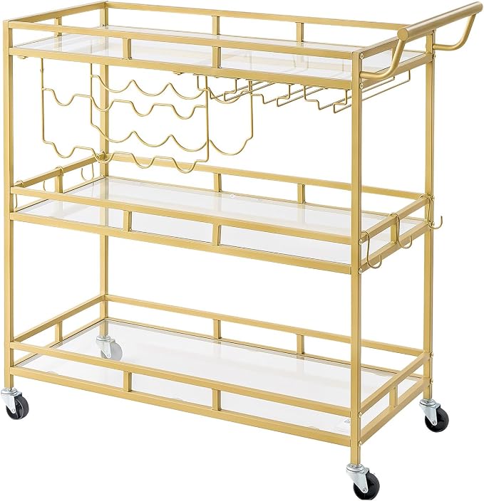 VEVOR Bar Cart, 3 Tiers Home Kitchen Serving Carts, Modern Rolling Utility Station on Wheels, Drink Beverage Trolley with Tempered Glass Shelves, Wine Rack, Glass Holder, for Living Dining Room, Gold