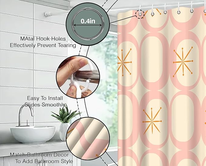 Mid Century Shower Curtain Modern Abstract Atomic Round Squares Retro 50s Geometric Bathroom Decor Polyester Curtains with Hooks