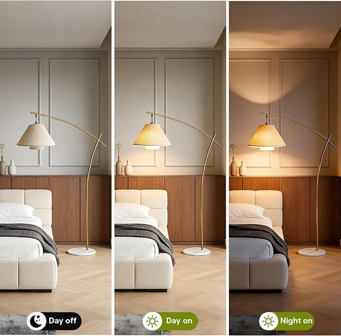 Lightdot Arc Floor Lamp for Living Room, Modern Standing Tall Lamps with Double Linen Lampshade, Tall Hanging Pole Lamp with Bulb Included for Bedroom Sofa Beside/Corner Decor - Gold