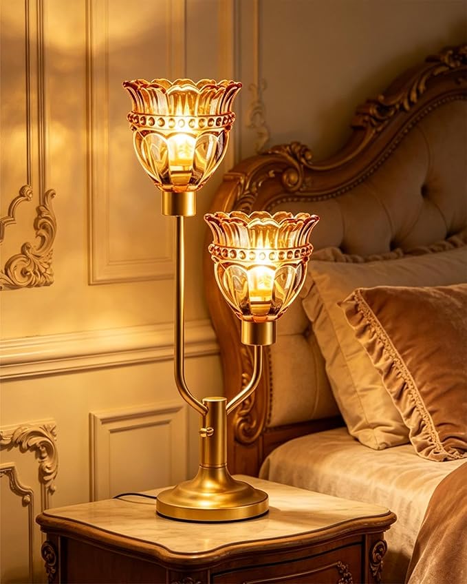Lightdot Vintage Table Lamp for Living Room Dimmable Mid Century Modern Gold Desk Lamp Amber Glass Nightstand Lamp 2 Bulbs Included Warmwhite Ambient Bedside Lamps for Bedroom Home Office Decor Gift
