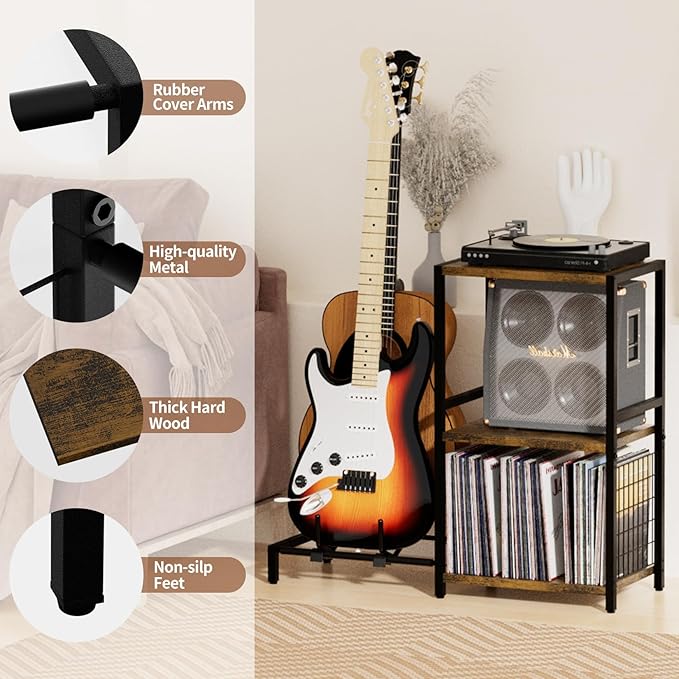 YAKANJ End Table with Guitar Stand,Record Player Stand,Vinyl Records Storage,2-Tier Guitar Stand for Acoustic,Turntable Stand for Music Studio-Brown