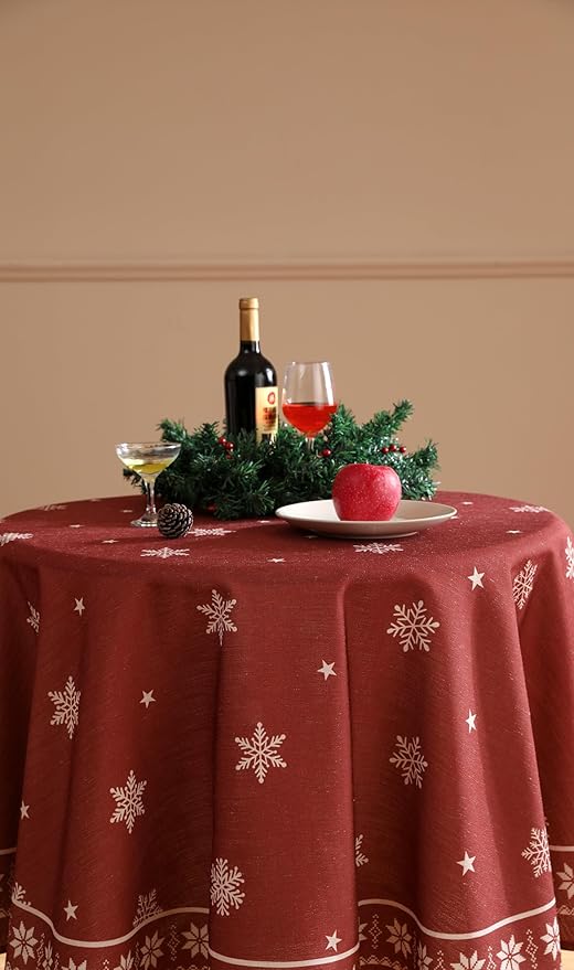 ISAENNE Designer Christmas Red Round Tablecloth,Linen Table Cloth with Snowflakes Pattern,Wrinkle Resistant Decor Tablecloths for Dining Kitchen Thanksgiving Christmas,Diameter 67"-Carol C