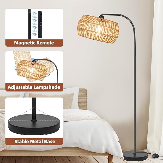 Boho Farmhouse Standing Lamp with Rattan & Linen Shades, Stepless Dimmable Bulb, Black Metal Base for Living Room, Bedroom, Office