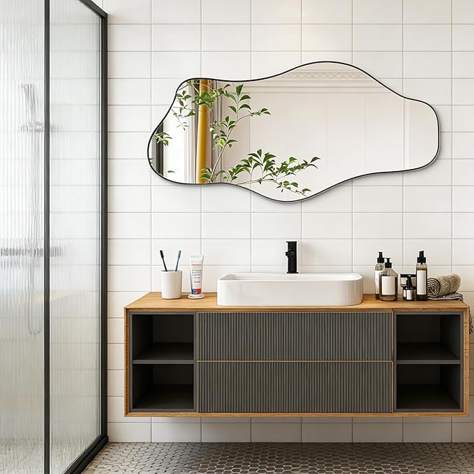 Irregular Frameless Mirror, 35.8"x17.7" Asymmetrical Wall Mirrors Decorative, Modern Abstract Tempered Glass Mirrors for Living Room Bathroom Bedroom Hallway Entryway Fireplace