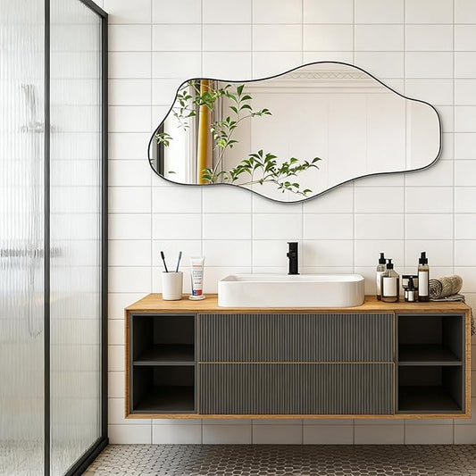 Irregular Frameless Mirror, 35.8"x17.7" Asymmetrical Wall Mirrors Decorative, Modern Abstract Tempered Glass Mirrors for Living Room Bathroom Bedroom Hallway Entryway Fireplace