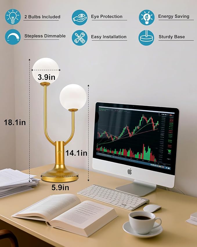 Lightdot 2-Globe Table Lamp for Bedroom Mid Century Modern Gold Small Desk Lamp Dimmable 3000K Warmwhite Unique U-Shaped Nightstands Bedside Lamp for Living Room Home Office
