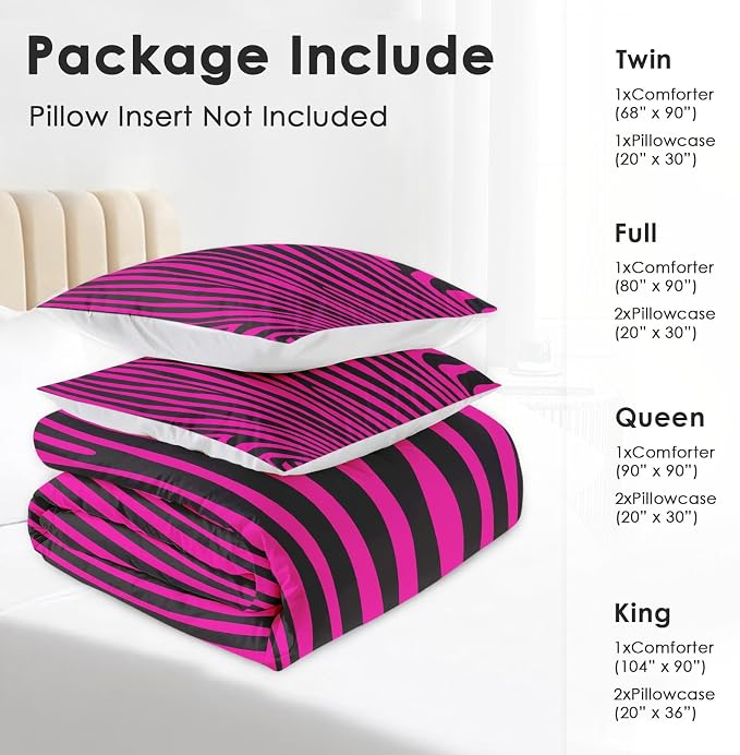 Comforter Set with Pillowcase Twin Size, Hot Pink Zebra Print Line Abstract, Bed Decor African Wildlife Black Striped Animal Jungle for Kids and Adults, Soft Cozy Bedroom Bedding Set