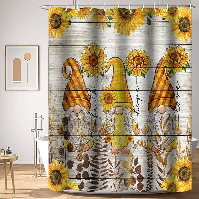Farmhouse Sunflowers Shower Curtains for Bathroom 72x78 Inch Funny Gnomes Wild Plants Country Wood Plank Bath Curtain Polyester Durable Fabric Decor Set with Plastic Hooks