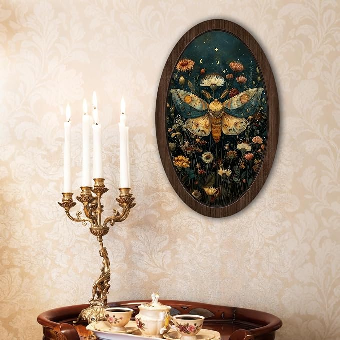 UYIKG Vintage Cottagecore Wall Art Decor,Moth Floral Oval Wall Decor,William Morris Moth Cottagecore Oval Wooden Framed Decorations for Theme Room Home Bedroom Living Room 9x14.6 in