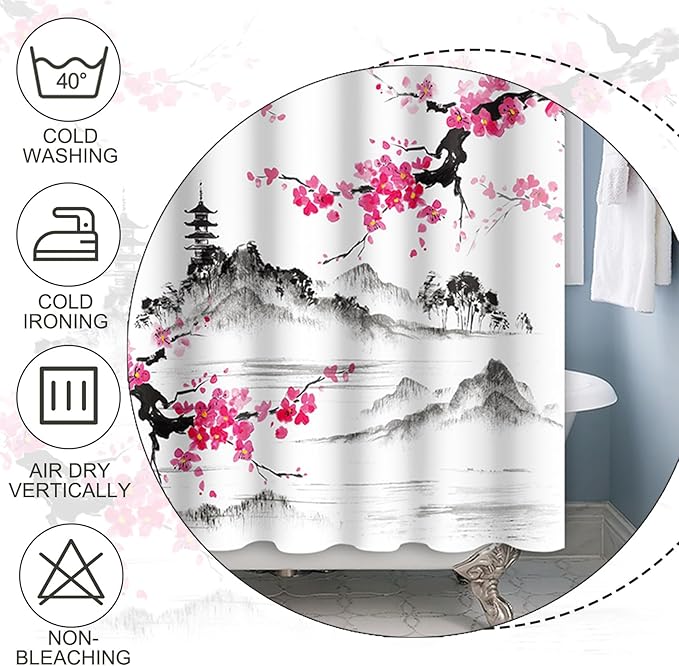 Baocicco Plum Blossom Shower Curtain Pink Cherry Blossom Floral Misty Mountains Shower Curtains Decorative for Bathroom Waterproof Fabric Shower Curtain with Hooks 48x72 Inches