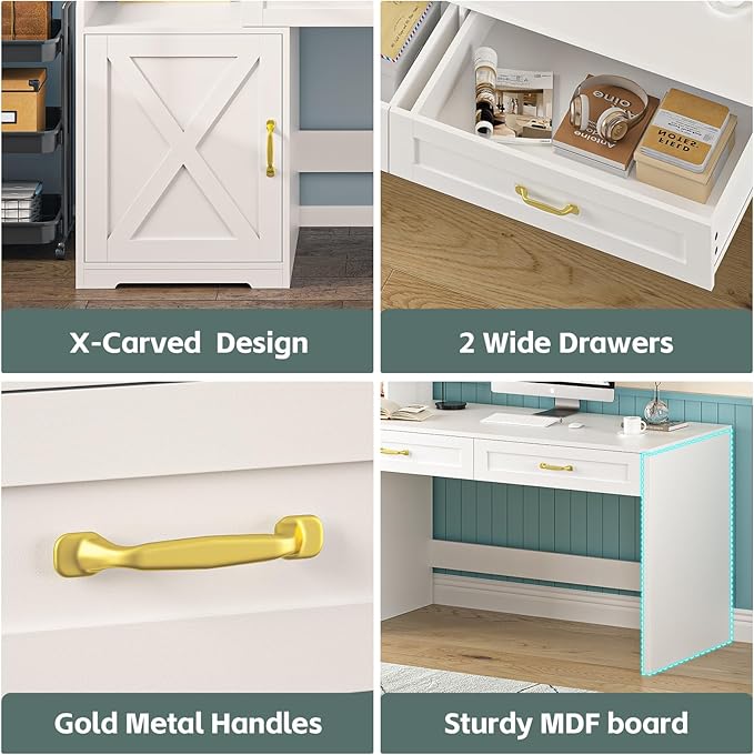 60" Computer Desk with Drawers & Bookshelves, Home Office Desk with Storage Cabinet & Spacious Desktop, Writing Gaming Study Table with Bookcase, White