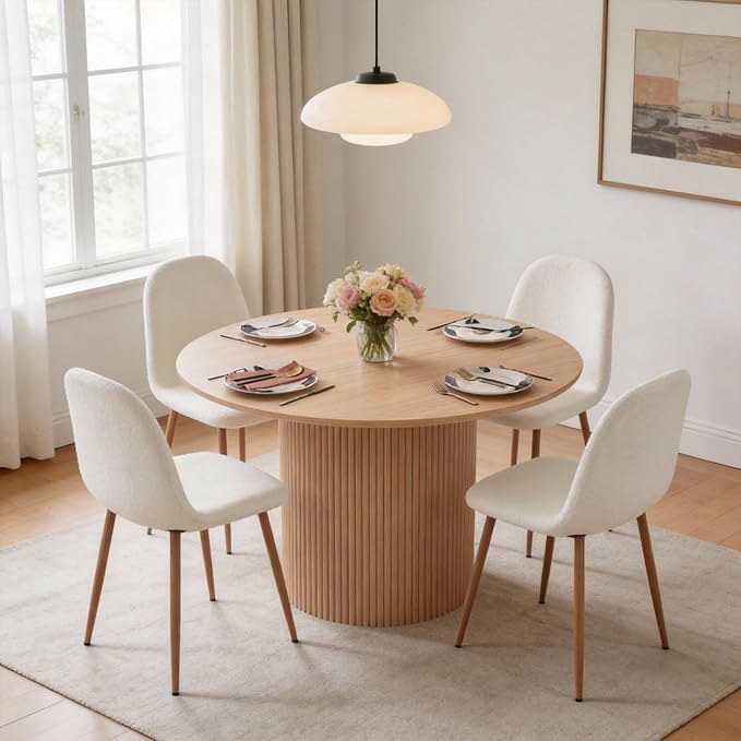 Dining Table Set for 4, Mid Century Modern 47 Inch Wooden Round Dining Table Set, Space Saving (Table + 4 White Chairs)