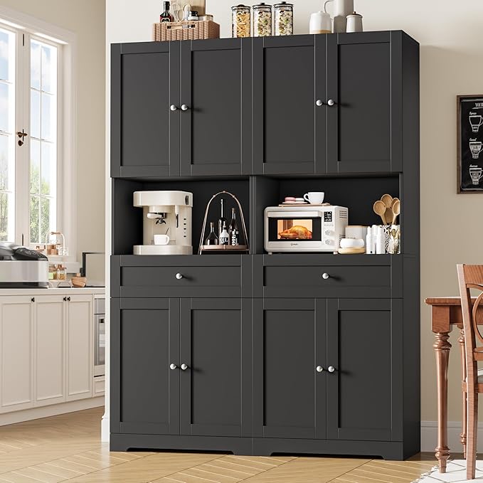 HIFIT Tall Bathroom Storage Cabinets, Modern Linen Storage Cabinet with 4 Doors & Shelves & Drawer, 67" H Tall Storage Cabinet Freestanding for Bathroom, Living Room, Kitchen & Dining, Pantry, Black | Modern, 4 Doors, Shelves, Drawer, Tall Storage Cabi...