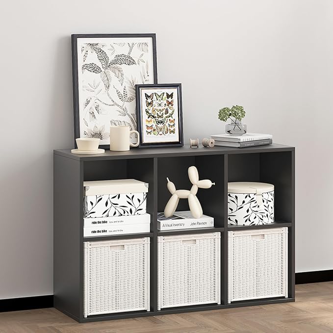 Wooden Cube Storage Organizer with Closed Back Panel,White Shelf Heavy Duty Cubby Storage Organizer with Compartments for Living,Display Shelf,Bookshelf (Black, 6-Cube)