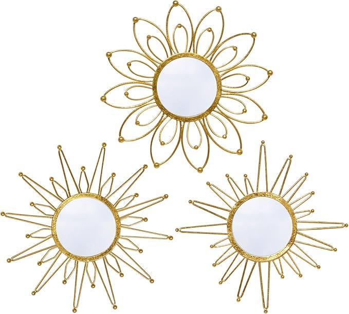 Mirror Wall Decor Gold Mirrors for Wall Metal Sunburst Mirrors Home Decoration Wall Art Decorative Mirror Suitable for Living Room Bedroom Entrance Set of 3