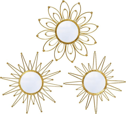Mirror Wall Decor Gold Mirrors for Wall Metal Sunburst Mirrors Home Decoration Wall Art Decorative Mirror Suitable for Living Room Bedroom Entrance Set of 3