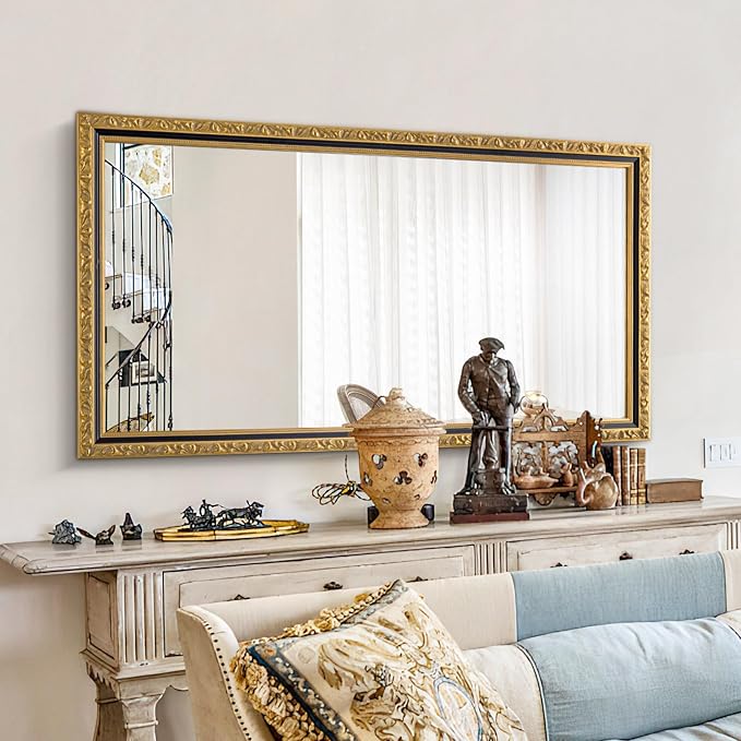 Large Vintage Decorative Mirror for Wall, 52'' x 28'' Gold Antiuqe Living Room Mirror with Black Gold Frame, Traditional Vintage Gold Wooden Mirrors, Horizontal/Vertical