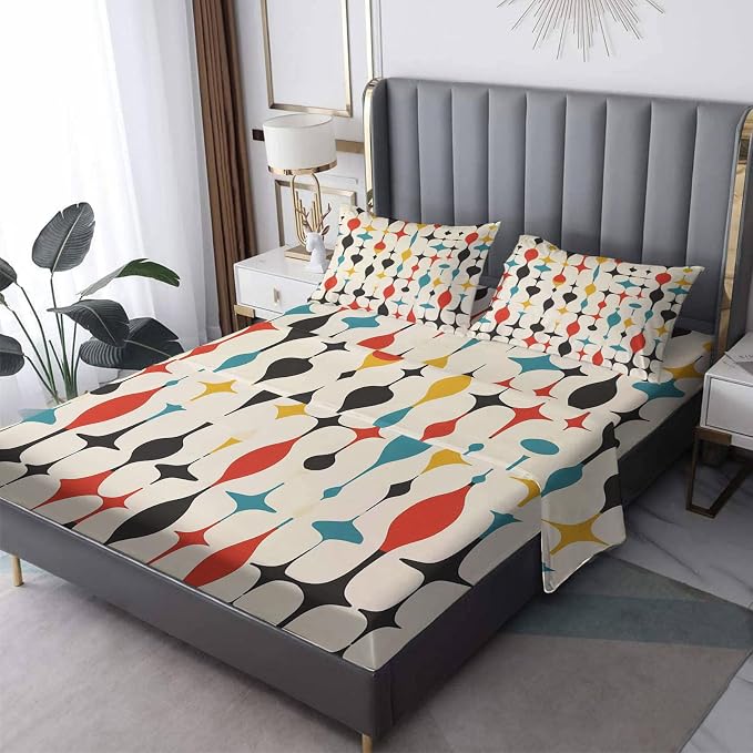 Mid Century Sheets Queen Size, Retro Geometric Bed Sheet Set, Modern Abstract Bedding Sheet Sets 4 Piece, Soft Microfiber Deep Pocket Fitted Sheet & Flat Sheet & 2 Pillowcases