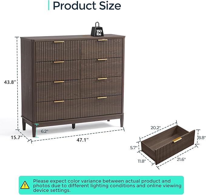 LINSY HOME Fluted Dresser for Bedroom with 8 Drawers, 47" Wide Mid Century Modern Dressers, Tall Boho Chest of Drawer, Large Wood Accent Storage Cabinet for Living Room, Curved Profile Design, Walnut