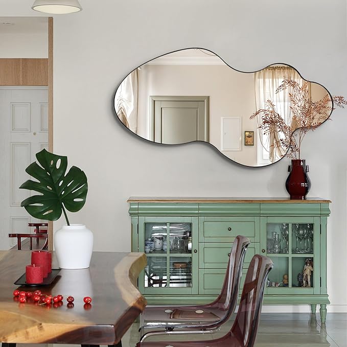 Asymmetrical Wall Mirror, 46.5"x24" Irregular Shaped Mirrors with Black Metal Frame, Modern Abstract Decorative Mirrors for Living Room Bathroom Bedroom Hallway Entryway Fireplace