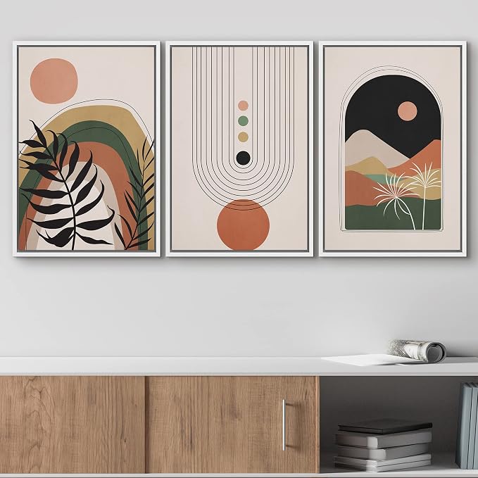 wall26 Framed Canvas Print Wall Art Set Boho Mid-Century Geometric Desert Plant Landscape Nature Abstract Illustrations Modern Bohemian Decorative for Living Room, Bedroom, Office - 16"x24"x3 White