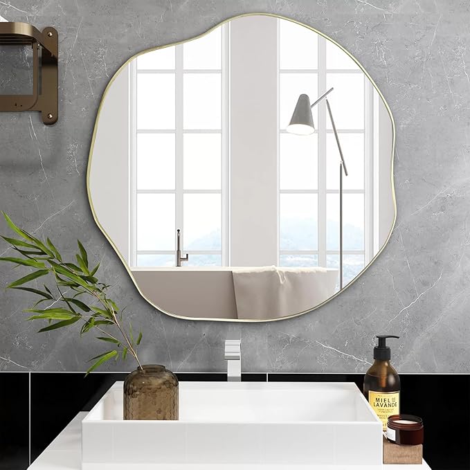 POZINO Gold Irregular Mirror, Large Asymmetrical Wall Mirror, 30" Scalloped Rounded Mirrors, Modern Frameless Abstract Mirrors for Living Room Bedroom Bathroom Entryway Hallway Fireplace