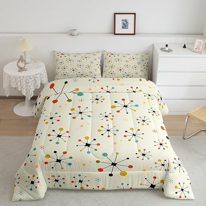 Erosebridal Modern Mid Century Bedding Set Twin Retro Atomic Comforter Set, Rainbow Grid Duvet Insert Vintage Fifties 1950s Quilt Comforter, Aesthetic Abstract Art Bedding Comforters & Sets Beige 2pcs