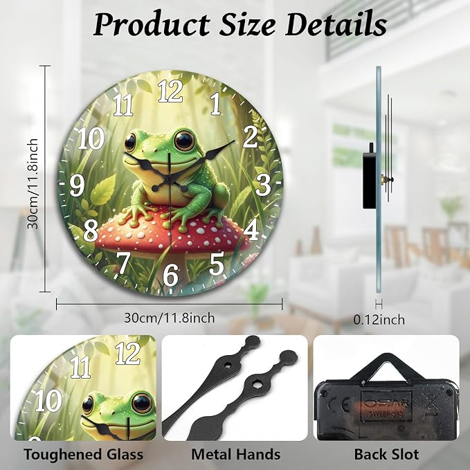 peacoblue Wall Clocks Battery Operated 12 Inch Tree Frogs with Mushrooms Glass Round Wall Clock Non Ticking for Kitchen Living Room Dining Room Bedroom and Bathroom Decor (Battery not Included)