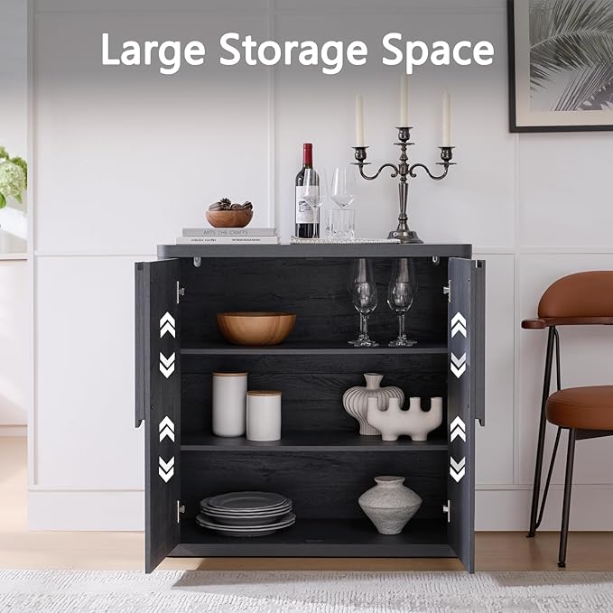 34.5'' Sideboard Buffet Cabinet W/Storage, Modern Accent Cabinets W/Curved Handles & Adjustable Shelves, 2 Doors Coffee Bar Buffet Table Credenza for Living Room Kitchen Hallway, Natural Oak