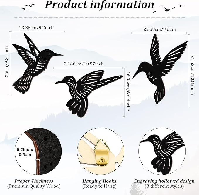 3 Pieces Wood Hummingbird Wall Art Decor 9 inch Hummingbird Wall Decorations for Bedroom Black Wood Sculpture Bird Indoor Kitchen Hanging Balcony for Home Bedroom Office Garden