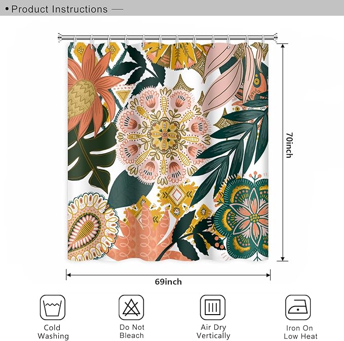 Bohemian Floral Bathroom Shower Curtain Boho Abstract Tropical Leaves Flowers with Hooks Polyester Waterproof Fabric Paisley Unique Trendy Woman Decor, 69x70 Inch