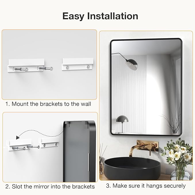 Black Bathroom Mirror 24x32 inch, Rounded Rectangle Metal Framed Vanity Wall Mirror, HD Tempered Glass, Horizontal or Vertical Hanging