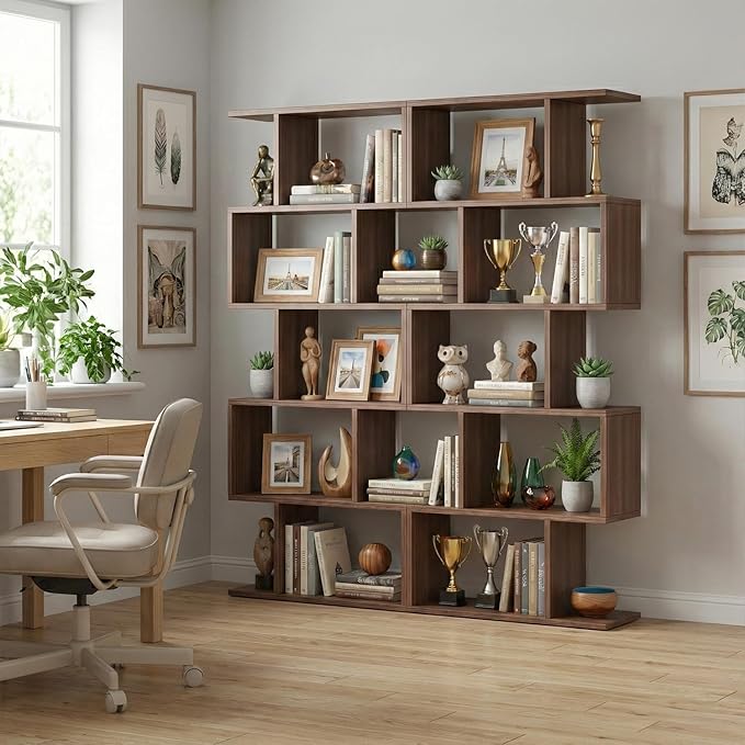 5-Tier Geometric Bookcase (Set of 2), 62.6" Tall S-Shaped Bookshelf & Room Divider, Modern Brown Freestanding Display Shelving Unit for Living Room, Hallway, Home Office